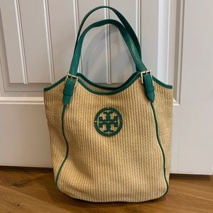 Tory Burch Straw Tote with Green Accents